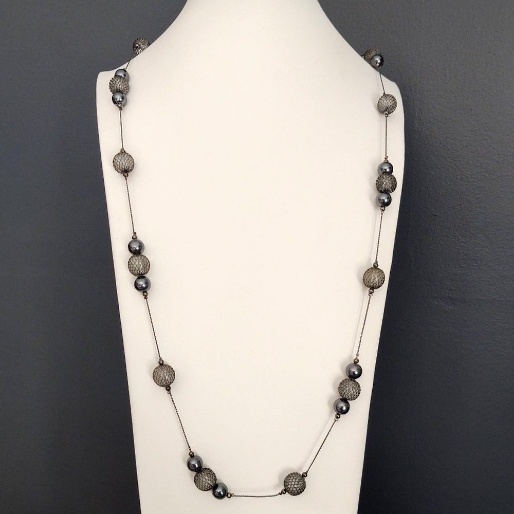Gray metallic bead and clear wire wrapped beaded long necklace